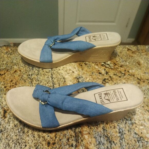 Women's Shoes US 11 Island Slipper Suade Thong Wedge Sandals Blue Fabric Slide - Picture 4 of 11